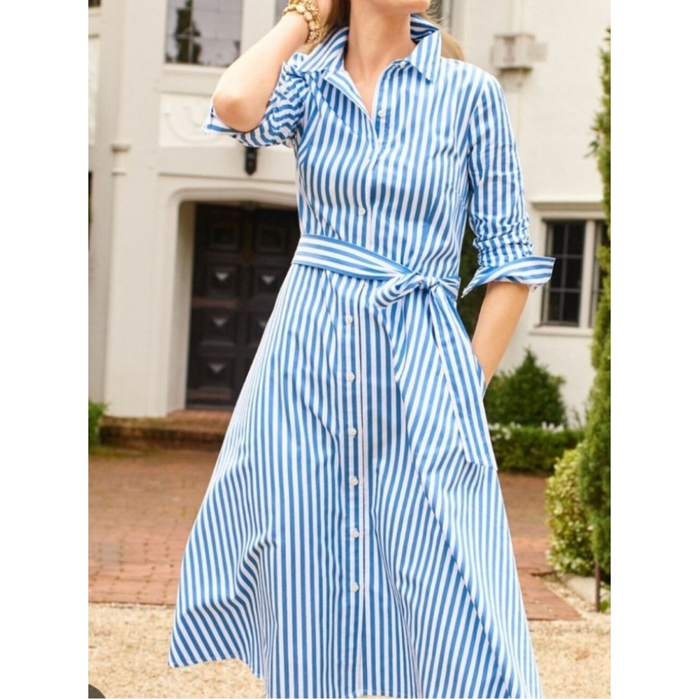 Talbots Blue White Striped Cotton Shirt Dress Pockets Tie Belted Size 8 Medium - Picture 1 of 8